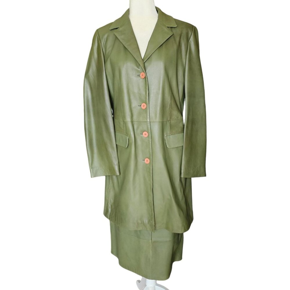 Arma Leather Trench Coat & Skirt Set Green UK 12 A-Line Midi Long Vintage Womens